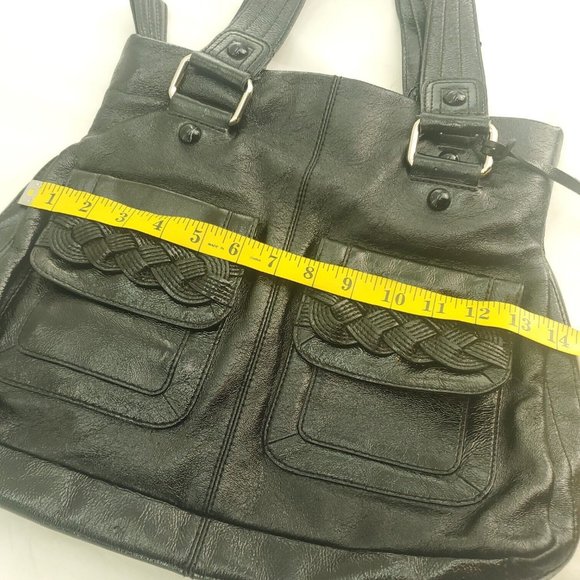 Elliott Lucca Womens Black Leather Double Handles Classic Shoulder Handbag - Picture 10 of 15